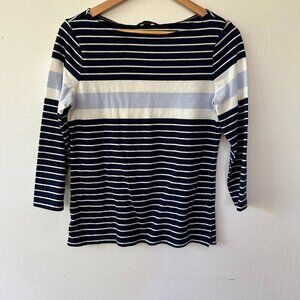 Lands End Top Womens Small Blue Striped Boatneck 3/4 Sleeves Preppy Coastal